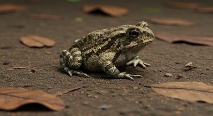 Obraz premium A Surinam toad blending with the muddy forest floor. Emphasize its flat, camouflaged body and intricate skin patterns.