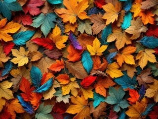 Fototapeta premium Colorful autumn leaves in vibrant array of reds, oranges, blues, and browns