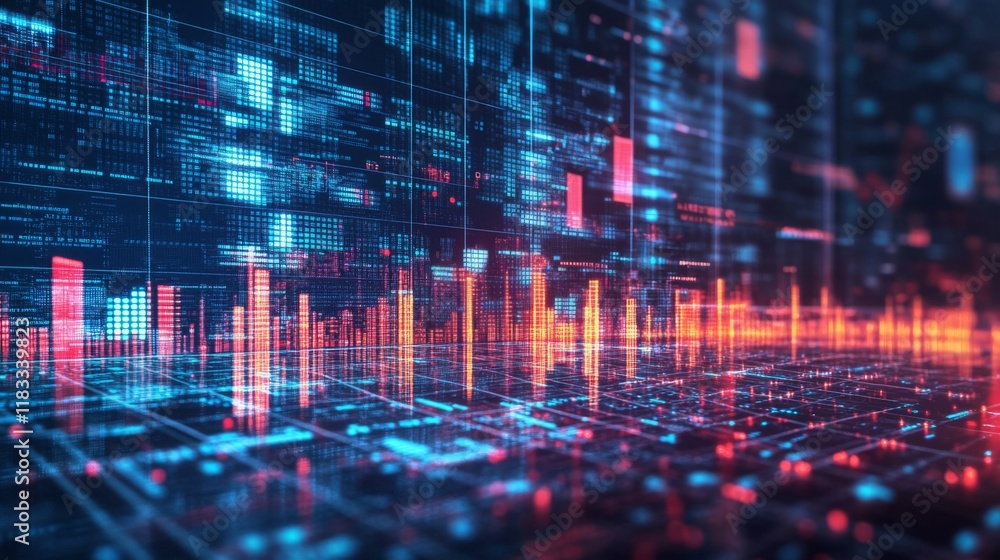 Fototapete A vibrant, digital landscape showcasing data visualization with colorful graphs and lines amid a backdrop of glowing grids.