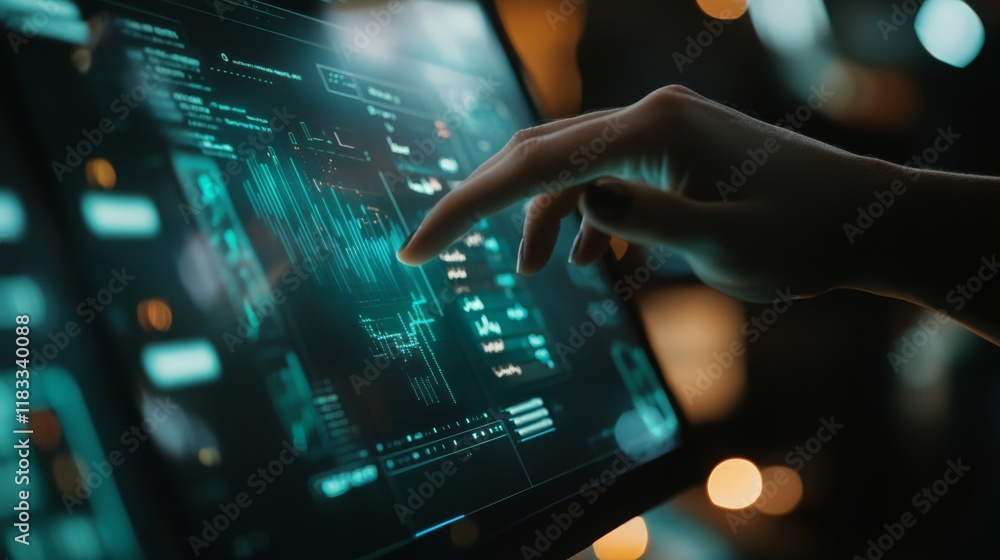 Poster a hand interacts with a futuristic touchscreen displaying data and graphs in a dimly lit environment