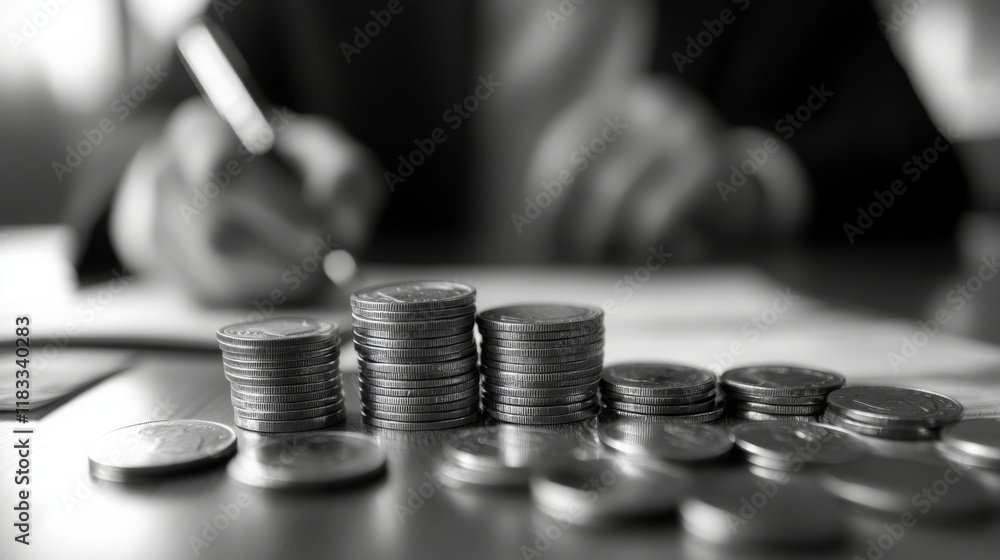 Poster a close-up view of stacked coins on a table, with a person signing documents in the background, emph