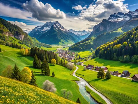 Panoramic Spring Landscape: Muotathal Valley, Switzerland - Hiking Trail & Farmland