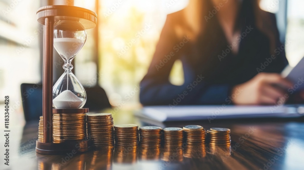 Aufkleber a close-up view of an hourglass beside a stack of coins, symbolizing the relationship between time a