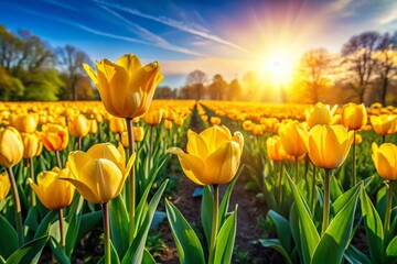 Panoramic Springtime Landscape: Vibrant Yellow Tulips in Full Bloom