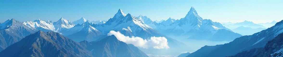 The base of a towering mountain range is shrouded in mist under bright blue skies, range, mist