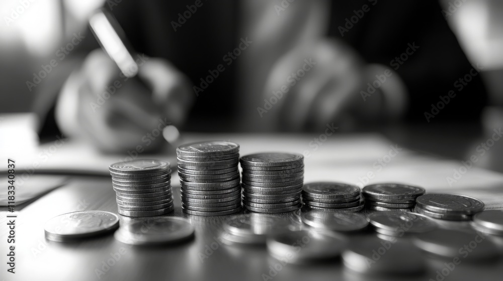 Poster a black-and-white image showing stacks of coins on a table with a person writing in the background, 