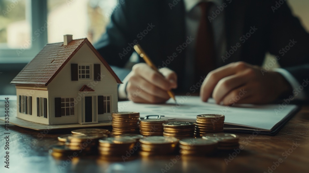 Poster a man in a suit writes on a document beside a model house and stacks of coins, symbolizing real esta