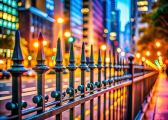 Obraz premium Panoramic Street Scene: Metal Fence in Sharp Focus, City Background Blurred