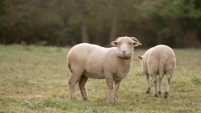 Sheep looking at camera in green field