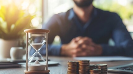 A businessman sits at a desk with an hourglass and coins, symbolizing time management and financial planning.