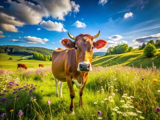 Panoramic Summer Meadow Cow Mooing - Authentic Farm Scene Stock Photo