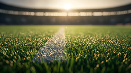Serene Dawn at the Soccer Stadium with golden sunlight illuminating dewy grass