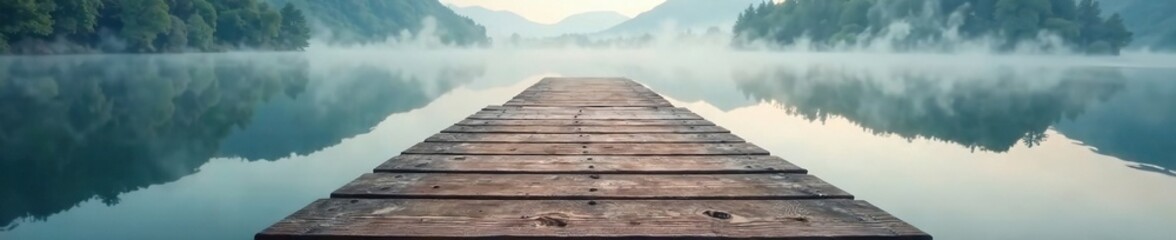Fototapeta premium Weathered wooden planks stretched out into misty lake, gentle, tranquility