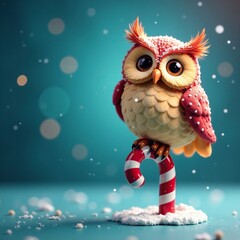 Naklejka premium Whimsical owl perches on a frosted candy cane with sparkles, fun, sweet