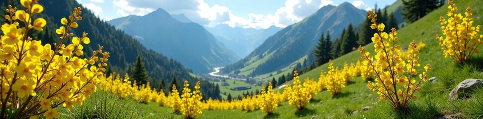 Fototapeta premium Yellow forsythia flowers blooming in a mountainous valley, spring flowers, blooming flowers, natural scenery