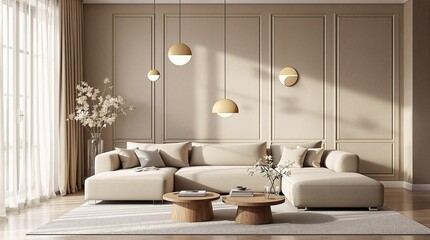 Contemporary living space with beige sectional sofa, sculptural pendant lights, and wooden coffee tables in a neutral palette.