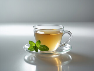 A clear glass teacup filled with light yellow herbal tea, placed on a matching glass saucer.