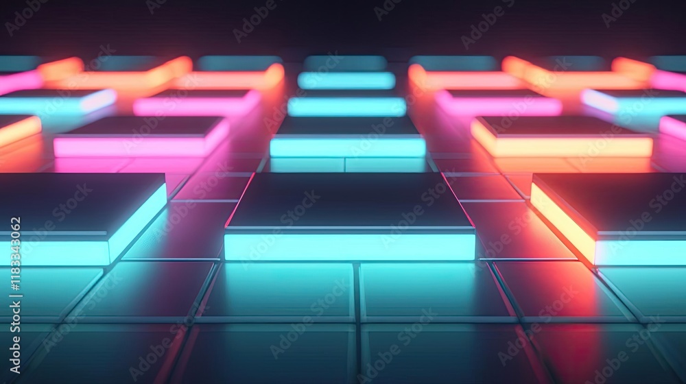 Aufkleber floor abstract background idea. futuristic neon grid pattern with vibrant glowing squares and modern