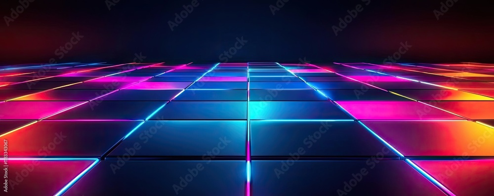Poster floor abstract background idea. vibrant neon tiles illuminated in a dark space, creating a futuristi