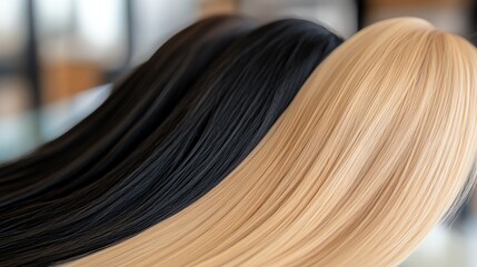 Fototapeta premium Ombre extensions, black fading to golden blonde, artistically draped over a glass table