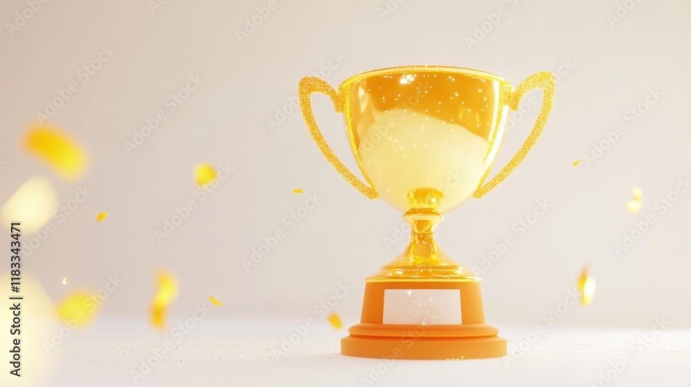 Poster golden trophy on table with sparkles and confetti in background