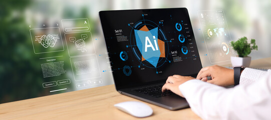 AI Artificial Intelligence. Businessman using AI technology for data analysis, coding computer language with digital brain, Programming Web Development Coding Concept.