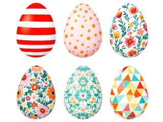 Colorful easter eggs with various patterns including stripes, polka dots, and floral designs
