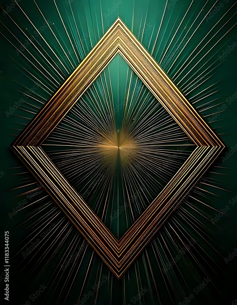 Poster a golden diamond frame sits centered with radiating lines on emerald green.