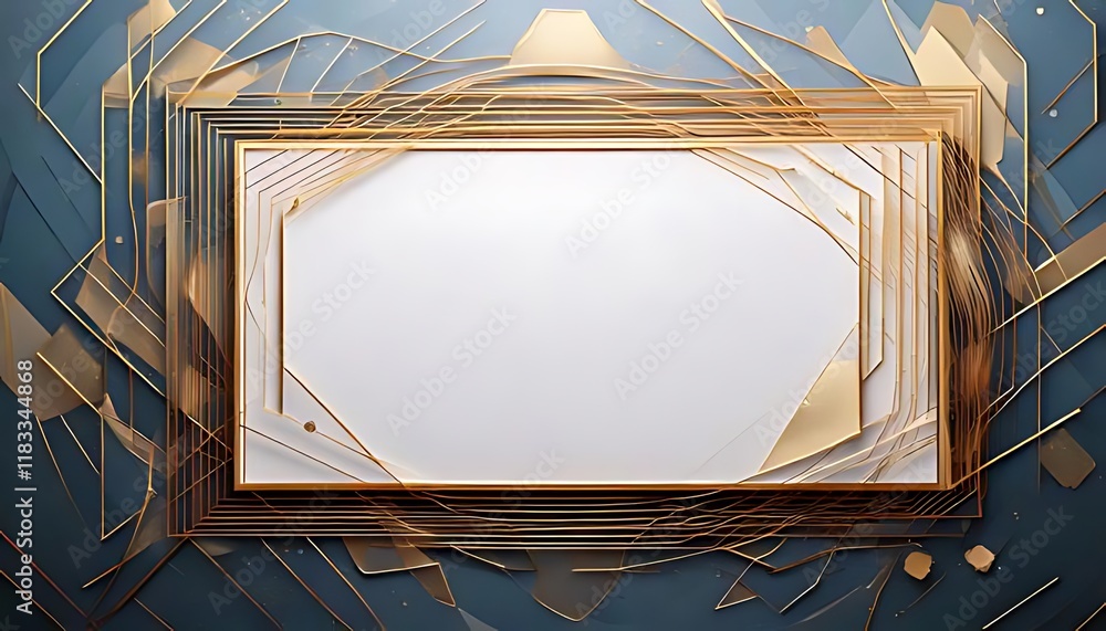 Poster a white rectangular frame is surrounded by layered, abstract gold lines on a dark surface