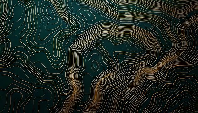 A topographical map of gold lines on a dark, textured green background.