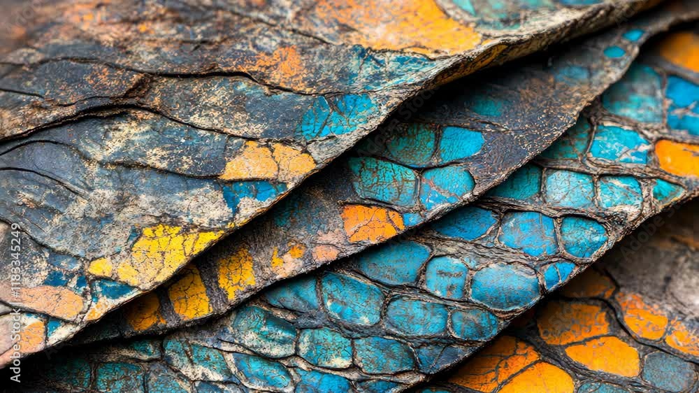 Poster vibrant layers of textured material displaying intricate patterns and colors in a close-up setting