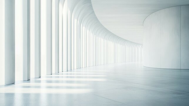 A minimalist, bright interior with white pillars and curved architecture