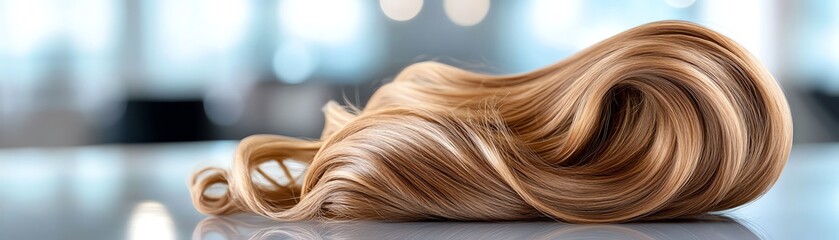 Fototapeta premium Realistic textured curly extensions, chocolate brown, coiled neatly on a reflective counter