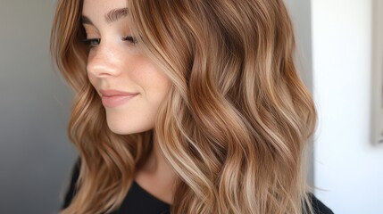 Obraz premium Realistic textured extensions, warm auburn tones, placed on a polished reflective counter