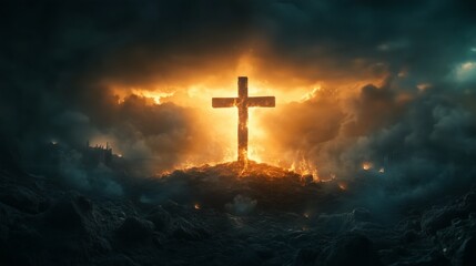 Fototapeta premium Apocalyptic Scene: Holy Cross Representing Christ's Resurrection Over a Radiant Sky