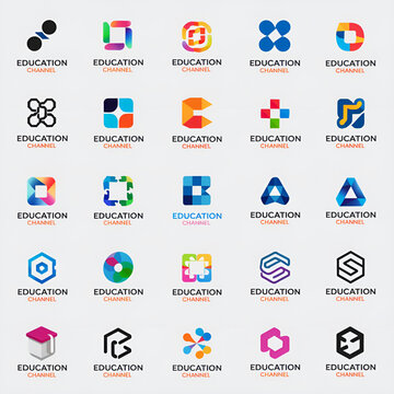 Twenty minimalist logo designs for education companies, featuring simple shapes and modern text