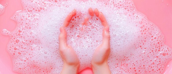 Fototapeta premium Creating heart shapes with bubbles bathroom photography soft pink background close-up shot love concept