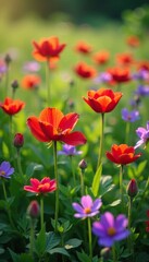Obraz premium Bright red and purple flowers in a field of green grass, violet, plants