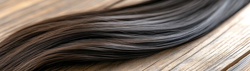 Straight natural black extensions, softly layered on a sleek reflective table under warm lighting