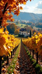 Fototapeta premium Cabotte woven into the landscape of golden autumn foliage in a Burgundy vineyard, savigny les beaune, vineyard, fall