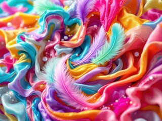 Vibrant multicolored fabric with feathers and pearls