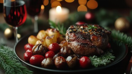 Holiday Meal with Christmas Decorations on a Cozy Table Setting