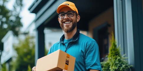 Cheerful courier delivering a package with a smile to a satisfied customer in a vibrant urban setting.