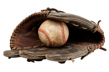 vintage baseball glove holding an old baseball isolated on white background PNG.AI GENERATED