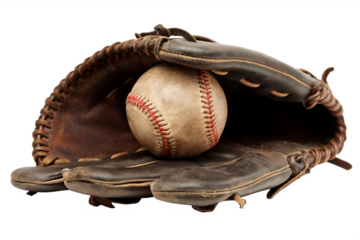 vintage baseball glove holding an old baseball isolated on white background PNG.AI GENERATED