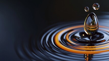 Intriguing 3D Render: Golden Oil Drop Gently Falling, Creating Concentric Ripples on Dark Surface. AI Generated