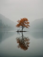 Lonely tree reflection in the middle of the lake.
A single tree with vibrant orange leaves stands alone on a small island in a still lake. The tree is reflected perfectly in the water, creating a symm