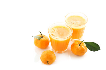 orange color tangerines and fresh juice isolated on a white background