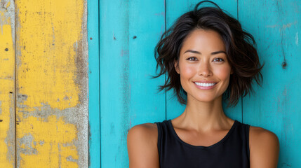 Fototapeta premium Confident Asian woman smiling against colorful wooden background