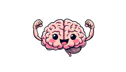 Super Strong Brain: A Cute Cartoon Illustration of a Powerful Brain Flexing its Muscles